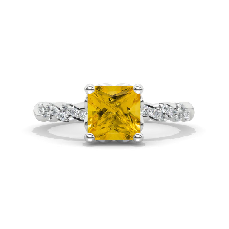 14K White Gold  2 Carat Princess Genuine Yellow Citrine Twisted Shank Engagement Ring Model 769-7x7