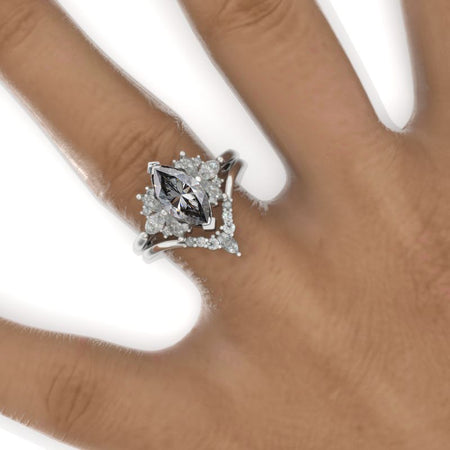 2 Carat Marquise 14K Solid Gold Ring Set 12x6mm Marquise Gray Moissanite Vintage Wedding Ring. Engagement Ring Anniversary Ring, Marquise Side Stones Ring Set