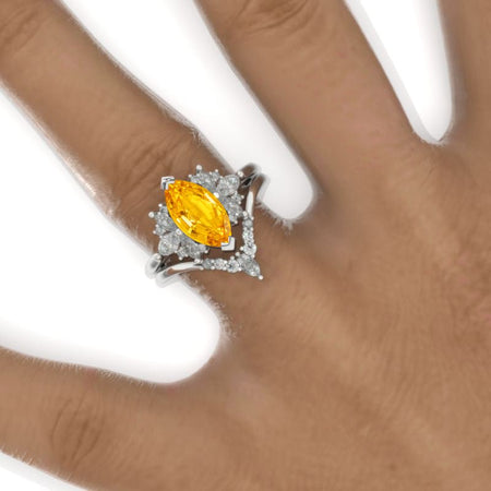 2 Carat Marquise 14K Solid Gold Ring Set 12x6mm Marquise Genuine Yellow Citrine Vintage Wedding Ring. Engagement Ring Anniversary Ring, Marquise Side Stones Ring Set Model 810