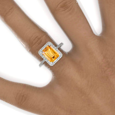 3 Carat Emerald Cut Genuine Yellow Citrine Halo Engagement Ring Model 812-9x7mm