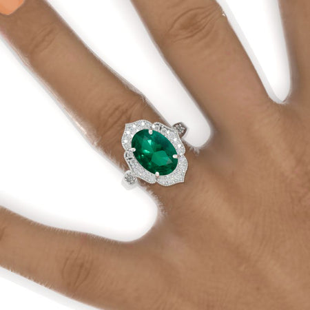 4 Carat Oval Emerald Halo Engagement Ring, Promise Ring For Her, Emerald Wedding Ring, 14K Gold Oval Emerald Engagement Ring