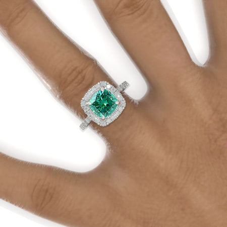2.5 Carat Cushion Green Moissanite Halo Engagement Ring. Victorian 14K White Gold Ring Model 901-8x8 Cushion