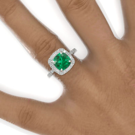 2.5 Carat Cushion Emerald Halo Engagement Ring. Victorian 14K White Gold Ring Model 901-8x8