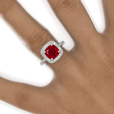 2.5 Carat Cushion Ruby Halo Engagement Ring. Victorian 14K White Gold Ring