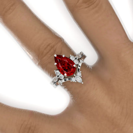 3 Carat Pear Ruby Halo 14K White Gold Engagement Eternity Ring Set
