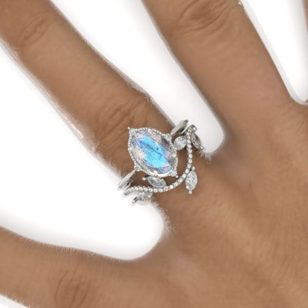 3 Carat Oval Labradorite 14K White Gold Engagement Ring, Eternity Ring Set