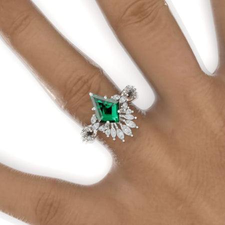 2.5 Carat Kite Emerald Halo 14K White Gold Engagement Ring Model 907-12x8