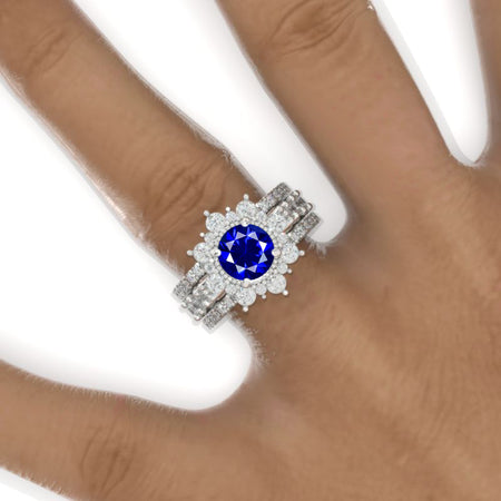 2 Carat Round  Brilliant Cut Royal Blue Sapphire Halo 14K White Gold Engagement Ring, Eternity Rings Set