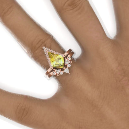 2.5 Carat Kite Genuine Yellow Citrine Engagement Ring. 2.5CT Fancy Kite Shape Genuine Yellow Citrine Ring Set Model 818-12x8