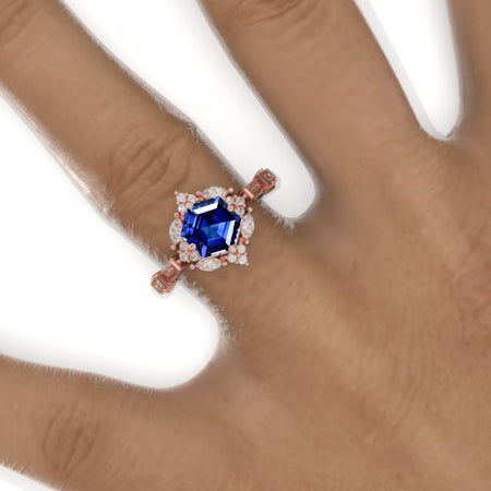 3 Carat Hexagon Royal Blue Sapphire Halo 14K White Gold Engagement Ring