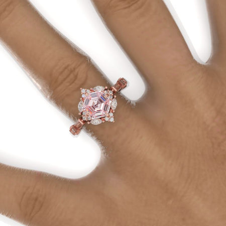 3 Carat Hexagon Peach Sapphire Halo 14K White Gold Engagement Ring Model 912-8