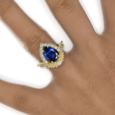 3 Carat Pear Royal Blue Sapphire Halo Floral Engagement Ring 14K White Gold Ring