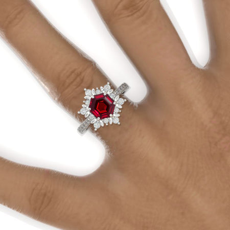 3 Carat Hexagon Ruby Snowflake Halo 14K White Gold Engagement Ring