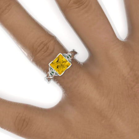 2 Carat Princess Genuine Yellow Citrine Celtic Engagement Ring 14K White Gold Ring Model 819-7x7
