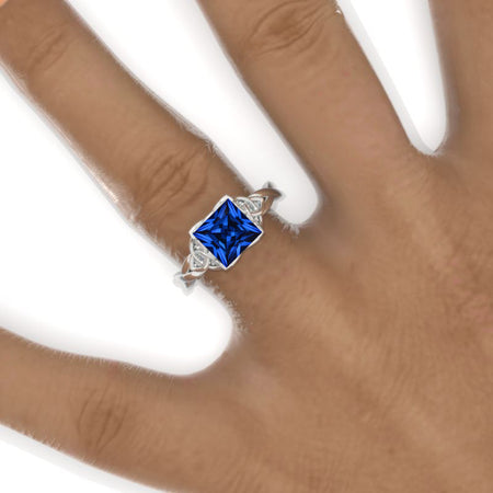 2 Carat Princess Royal Blue Sapphire Celtic Engagement Ring 14K White Gold Ring