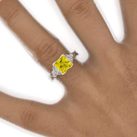 2 Carat Princess Yellow Sapphire Celtic Engagement Ring 14K White Gold Ring Model 819-7x7