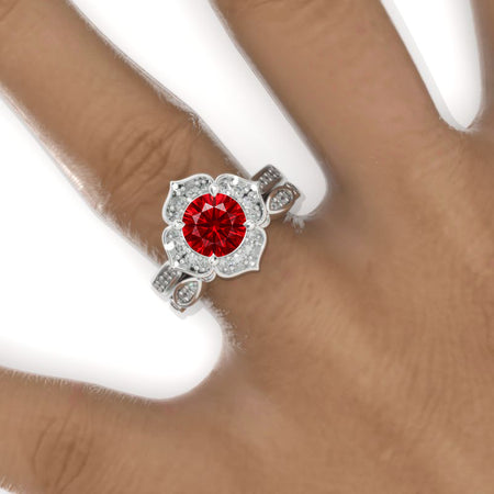 Ruby Floral Halo 14K White Gold Engagement Ring, Eternity Ring Set