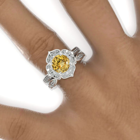 GenuineYellow Citrine Floral Halo 14K White Gold Engagement Ring, Eternity Ring Set Model 820-7
