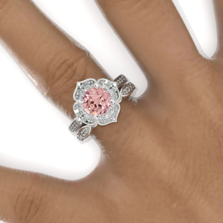 Peach Sapphire Floral Halo 14K White Gold Engagement Ring, Eternity Ring Set Model 820-7