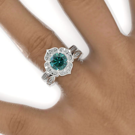 Green Moissanite Floral Halo 14K White Gold Engagement Ring, Eternity Ring Set