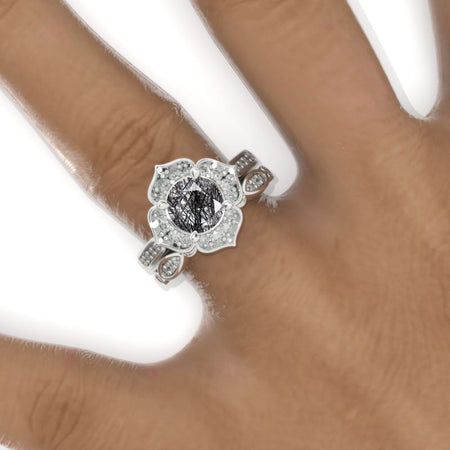 Natural Rutilated Quartz Floral Halo 14K White Gold Engagement Ring, Eternity Ring Set