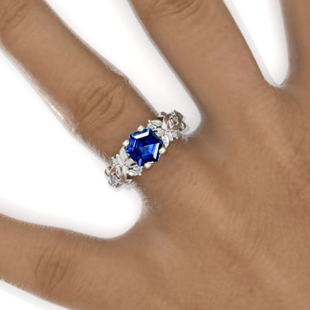 3 Carat Hexagon Royal Blue Sapphire Floral 14K White Gold Engagement Ring