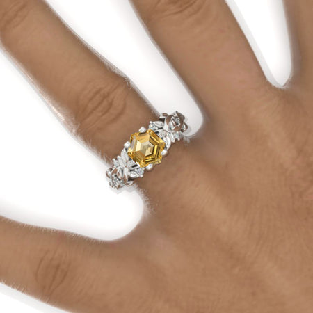 3 Carat Hexagon Genuine Yellow Citrine Floral 14K White Gold Engagement Ring Model 821-8x7