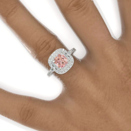 1 Carat Cushion Cut Vintage Style Double Halo Unique Peach Sapphire White Gold Engagement Ring Model 823-6x6