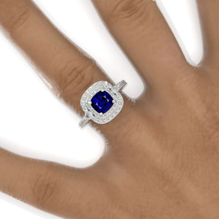 1 Carat Cushion Cut Vintage Style Double Halo Unique Royal Blue Sapphire White Gold Engagement Ring Model 823-6x6
