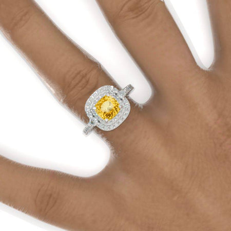 1 Carat Cushion Cut Vintage Style Double Halo Unique Genuine Yellow Citrine White Gold Engagement Ring Model 823-6x6