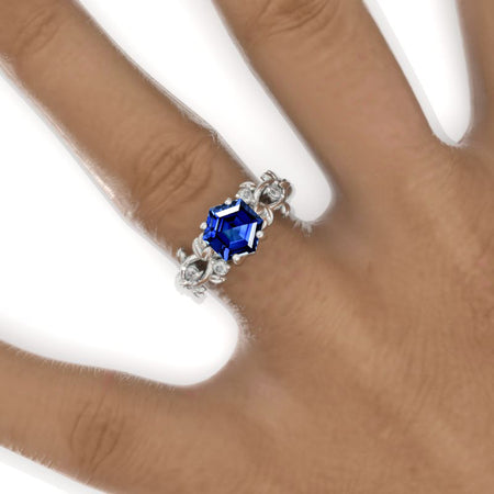 3 Carat Hexagon Royal Blue Sapphire Floral 14K White Gold Engagement Ring