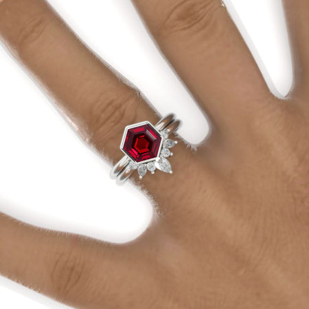 3 Carat Hexagon Bezel Set Ruby Cluster Halo 14K White Gold Engagement Ring Set