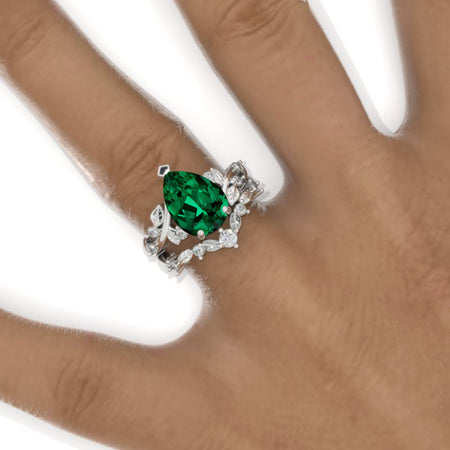 3 Carat Pear Emerald Halo Floral Engagement Ring 14K White Gold Ring Set Model 922-11x7mm
