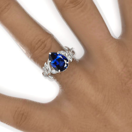 3 Carat Pear Royal Blue Sapphire Halo Floral Engagement Ring 14K White Gold Ring