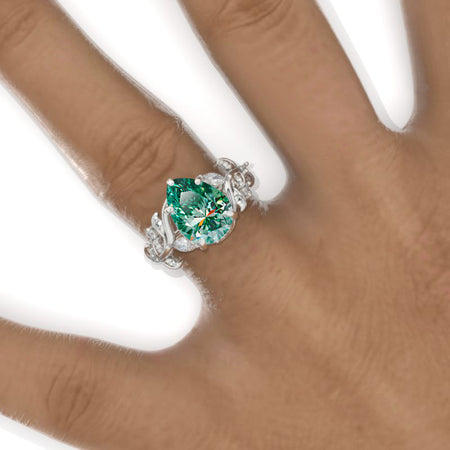 3 Carat Pear Green Moissanite Halo Floral Engagement Ring 14K White Gold Ring Model 923-11x7mm