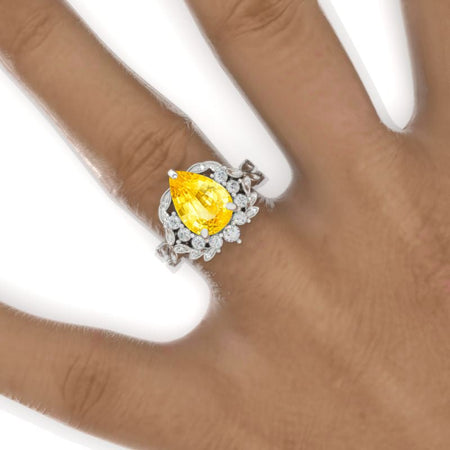 3 Carat Pear Yellow Sapphire Halo Floral Twig Engagement Ring 14K White Gold Ring Model 924-11x7mm