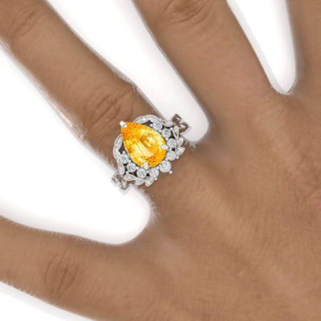 3 Carat Pear Genuine Yellow Citrine Halo Floral Twig Engagement Ring 14K White Gold Ring Model 924-11x7mm