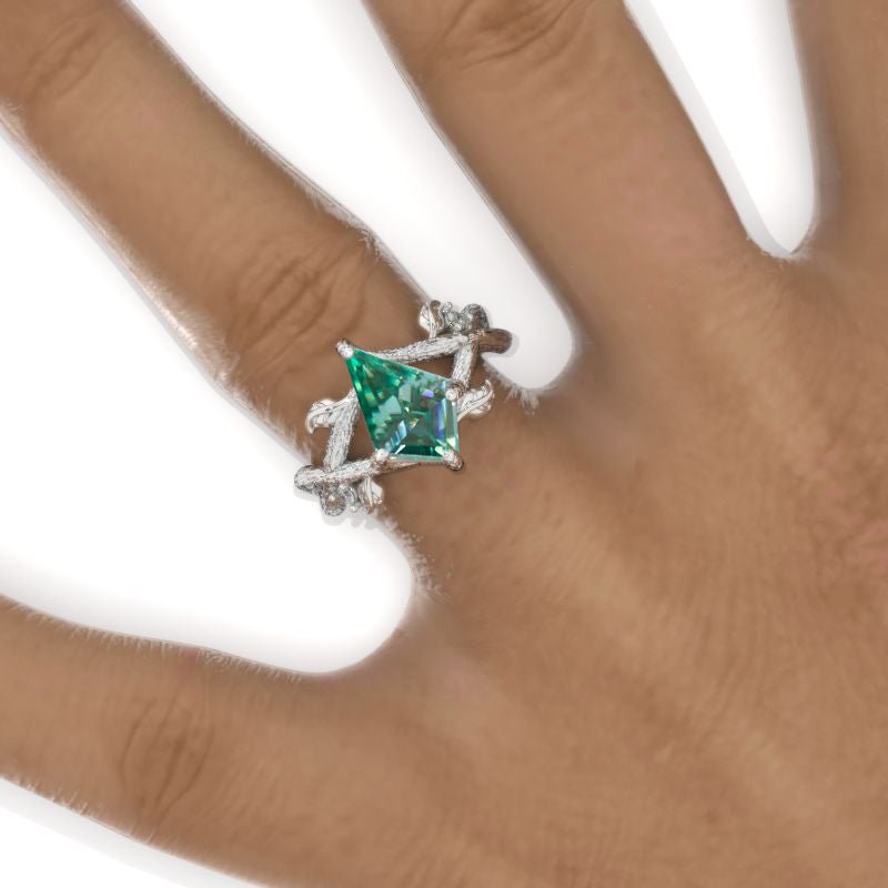 2.5 Carat Kite Green Moissanite Twig Floral 14K White Gold Engagement Ring Model 925-12x8