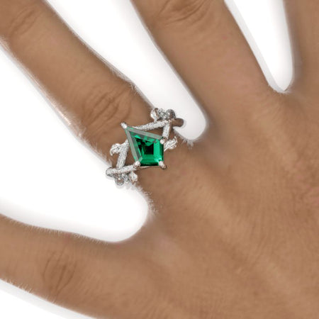 2.5 Carat Kite Emerald Twig Floral 14K White Gold Engagement Ring Model 925-12x8
