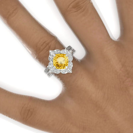 3 Carat Cushion Genuine Yellow Citrine Halo 14K White Gold Engagement Ring, Eternity Ring Set Model 926-8x8