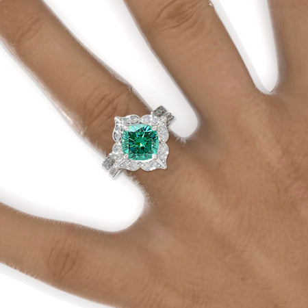 3 Carat Cushion Green Moissanite Halo 14K White Gold Engagement Ring, Eternity Ring Set Model 926-8x8