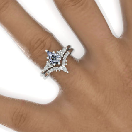 1 Carat Kite Gray Moissanite Engagement Ring. 1CT Fancy Kite Shape Gray Moissanite Ring Set
