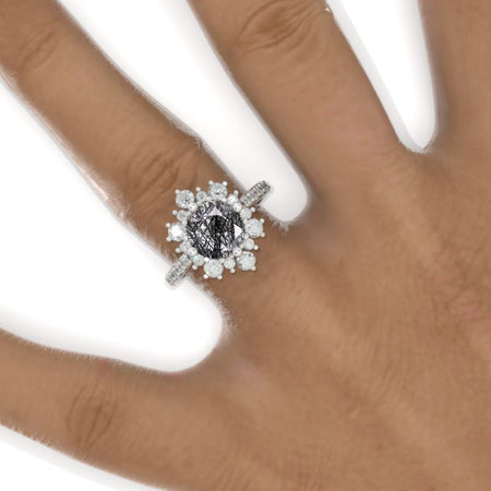 2 Carat Round Snowflake Natural Rutilated Quartz Halo Engagement Ring. Victorian 14K White Gold Ring