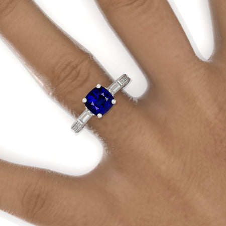 2 Carat Cushion Cut Vintage Style Royal Blue Sapphire White Gold Engagement Ring