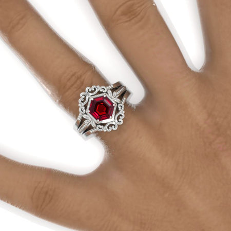 3 Carat Hexagon Bezel Set Ruby Cluster Halo 14K White Gold Engagement Ring Set