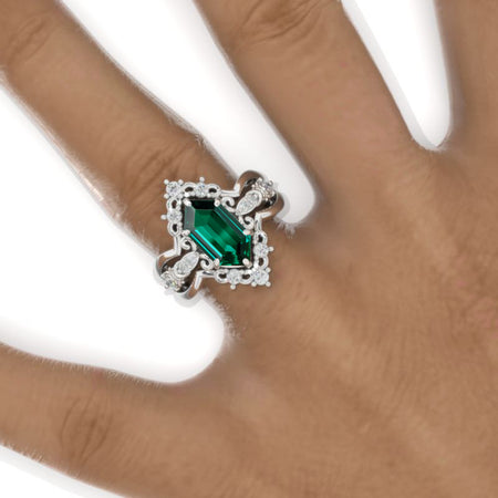 3 Carat Hexagon Emerald Cluster Halo 14K White Gold Engagement Ring Set