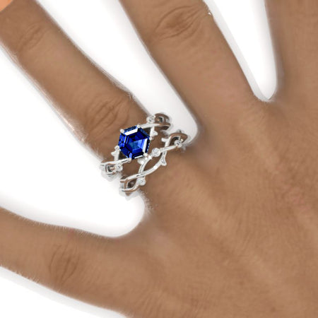 3 Carat Hexagon Royal Blue Sapphire Cluster Halo 14K White Gold Floral Engagement Ring Set