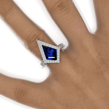 2.5 Carat Kite Royal Blue Sapphire Halo Engagement Ring. 2.5CT Fancy Shape Royal Blue Sapphire Ring