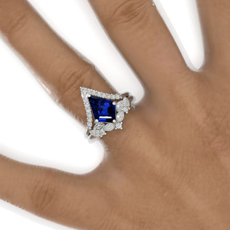 2.5 Carat Kite Royal Blue Sapphire Halo Engagement Ring Set. 2.5CT Fancy Kite Shape Royal Blue Sapphire Ring Set