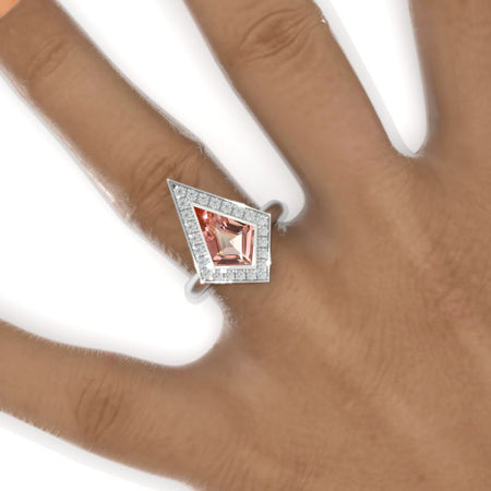 2.5 Carat Kite Peach Sapphire Halo Engagement Ring. 2.5CT Fancy Shape Bezel Peach Sapphire Ring Model 935-12x8